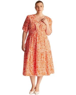 Estelle Plus Size Dreamaya Tiered V-neck Fit Flare Midi Dress - Orange
