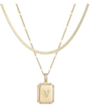 Adornia Gold Pave Tag Pendant And Herringbone Chain Initial Necklace Set - Metallic