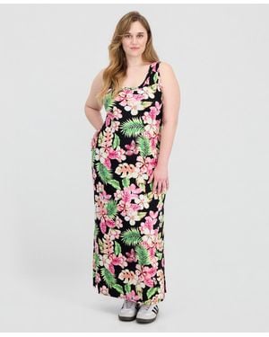 FULL CIRCLE TRENDS Trendy Plus Size Printed Ribbed Knit Sleeveless Maxi Dress - White