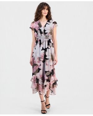 Anne Klein Floral Print Smocked Ruffled Dress - White