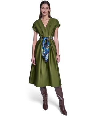 Halston Scarf-belt V-neck A-line Midi Shirt Dress - Green
