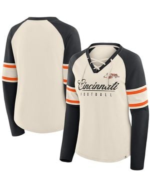 Fanatics Cream/black Cincinnati Bengals Hometown Gridiron Hero Raglan Lace-up V-neck Long Sleeve T-shirt