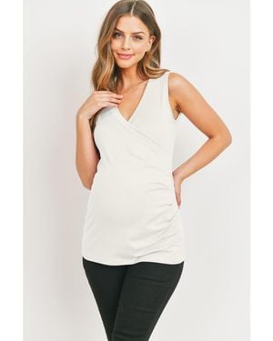 Hello Miss Maternity Sleeveless Ruched V-neck Wrap Nursing Tank Top - White