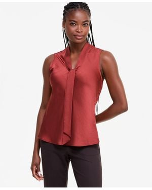 Kasper Petite Satin Tie-neck Sleeveless Blouse - Red