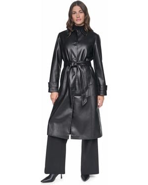 DKNY Belted Long Faux Leather Trench Coat - Black