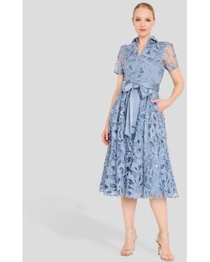 Tahari Sequin Detail Collared V-neck Midi Dress - Blue