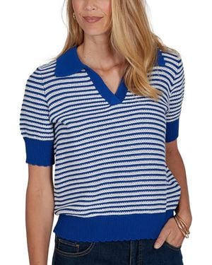 Ruby Rd. Petite Two-tone Collared Elbow-sleeve Sweater - Blue