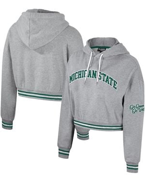 The Wild Collective Distressed Michigan State Spartans Cropped Shimmer Pullover Hoodie - Gray