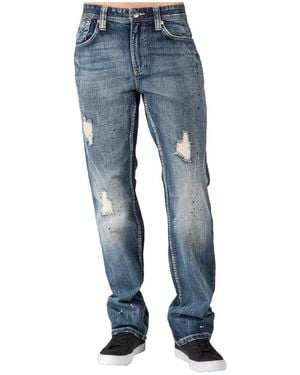 Level 7 Slim Straight Destroyed Sanding Whiskering Premium Jeans - Blue