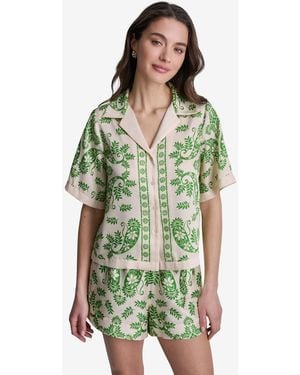 BCBGMAXAZRIA Botanical Print Short-sleeve Button-front Polyester Top - Green