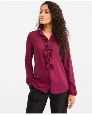 BarIII Ruffle-front Long-sleeve V-neck Blouse - Red