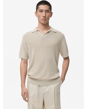 Mango Structured Cotton Knitted Polo Shirt - Natural