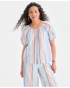 Style & Co. Petite Crewneck Stripe Cotton Top - Blue