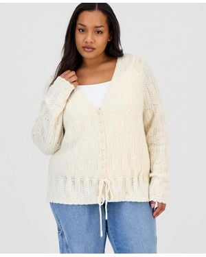 And Now This Trendy Plus Size Pointelle Drawstring Cardigan - White