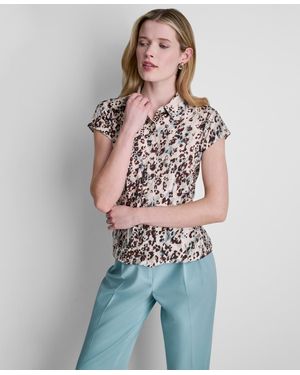 DKNY Petite Printed Cap-sleeve Knit Top - Multicolor