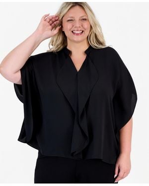 Anne Klein Plus Size Split-neck Ruffle-front Dolman-sleeve Blouse - Black