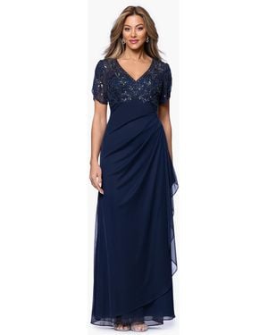 Xscape Long Beaded V-neck Ball Gown - Blue