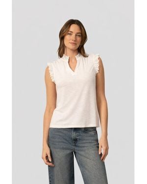 Cable & Gauge Eyelet Split Neck Sleeveless Top - White