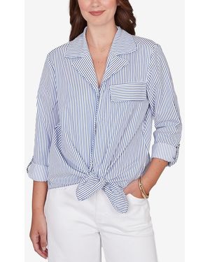 Ruby Rd. Petite Snap Front Tie Hem Pucker Stripe Top - Blue