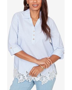 Ruby Rd. Petite Coastal Stripe Lace-hem Henley Top - White