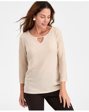 Macy's Jm Collection Petite Leafy-floral Shine Party Jacquard Top - Natural