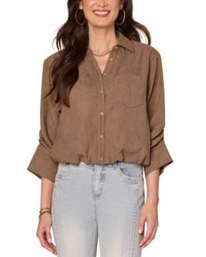 Democracy Spread Collar Button Front Top Ps Xl - Brown