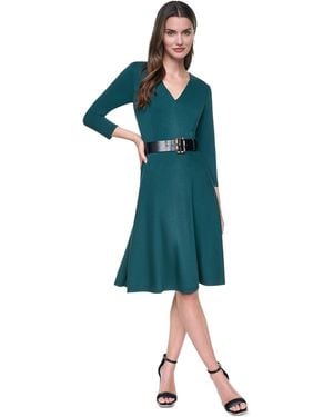 DKNY Long Sleeve V-neck Belted Fit And Flare Midi Dress - Blue