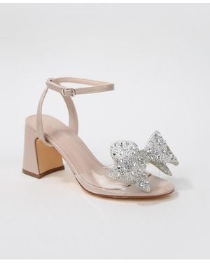 BERNESS Fiora Rhinestone Embellished Butterfly Bow Block Heel Dress Sandals - Natural