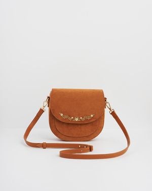 Fable England Floral Faux Suede Embroidered Saddle Bag - Brown