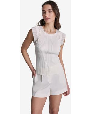 BCBGMAXAZRIA Ribbed Ruffle Cap-sleeve Crewneck Top - White
