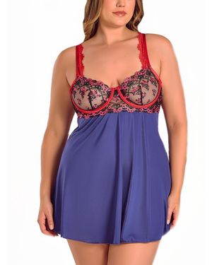 iCollection Plus Size Gypsy Lace And Microfiber Babydoll Lingerie Set - Purple