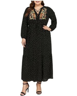 Standards & Practices Plus Size Polka-dot Long-sleeve Embroidered Detail Maxi Dress - Black