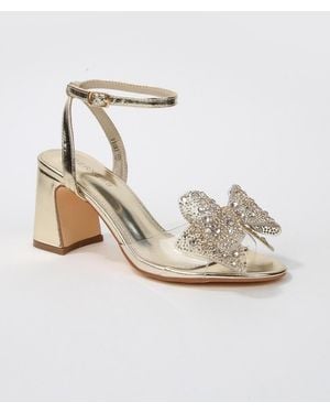 BERNESS Fiora Rhinestone Embellished Butterfly Bow Block Heel Dress Sandals - Metallic