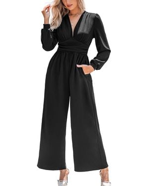 CUPSHE Plunging Long Sleeve Wide Leg Jumpsuit - Black