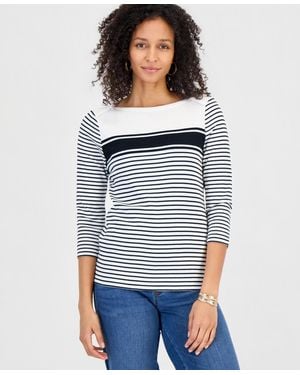 Style & Co. Printed Pima Cotton 3/4 Sleeve Boatneck Top - White