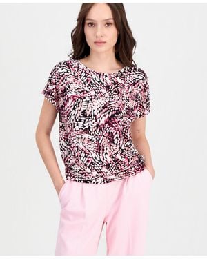 Anne Klein Essentials Petite Printed Short-sleeve Banded-hem Top - Pink