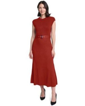 Jessica Howard Belted Midi Ribbed Dress - Red