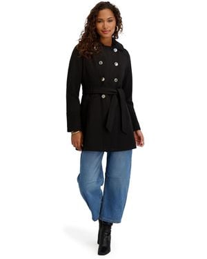 Kensie Double-breasted Softshell Coat With Hood And Self-tie Belt - Black