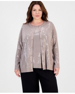 Anne Klein Plus Size Sequin-front Crewneck Cardigan - Multicolor