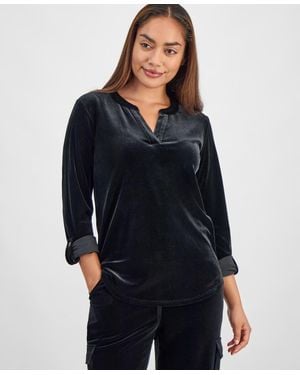 Anne Klein Essentials Ak Anne Klein Petite Velour Split-neck Top - Blue