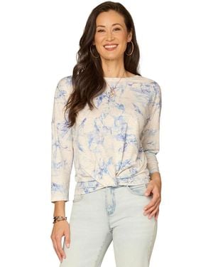 Democracy Petite Boat Neck Floral Embroidered Top - Natural