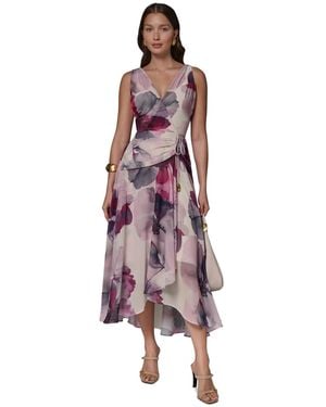 Donna Karan Petite Printed V-neck High-low Dress - Red