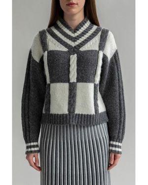 SSKEIN Checkered V-neck Sweater - Gray