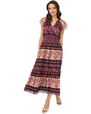 Cece Tie-neck Smocked Waist Printed Dress - Red