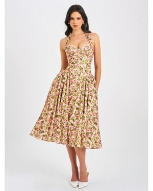 Miss Circle Niya Floral Print Linen Halter Corset Maxi Dress - White