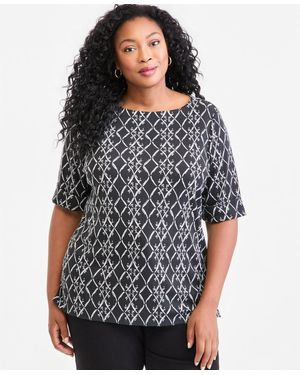 Style & Co. Plus Size Printed Boat-neck Elbow Sleeve Top - Black