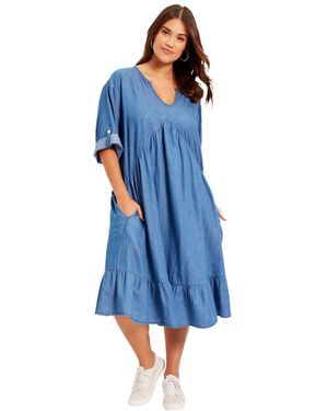 June + Vie June + Vie Plus Size June + Vie Ruffled Denim Dress - Blue