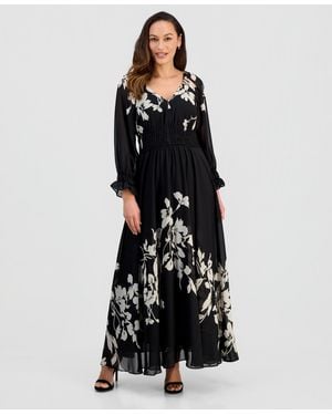 Taylor Pleated Long-sleeve Chiffon Midi Dress - Black