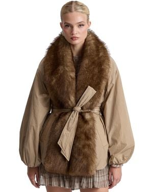 Avec Les Filles Belted Faux-fur-trim Shawl Collar Puffer Jacket - Brown