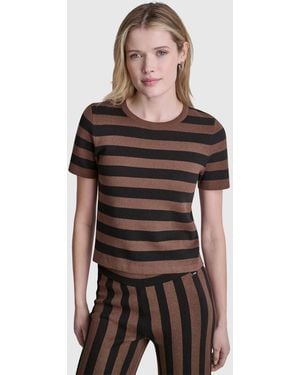 DKNY Short-sleeve Crewneck Striped Sweater - Brown